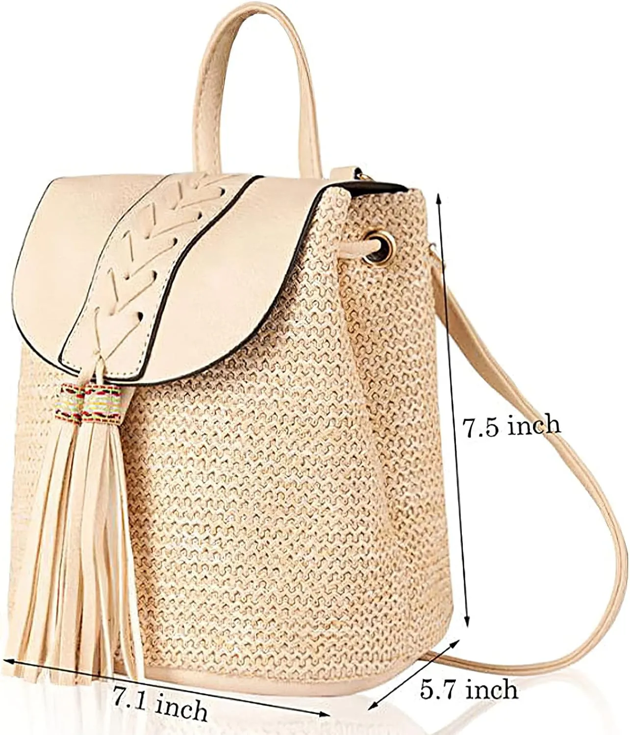Small Straw Backpack for Women Summer Handmade Woven Beach Bag Bookbag Daypack Wicker Purse Bohomian Drawstring Shoulder Bag-B Fringed-Beige