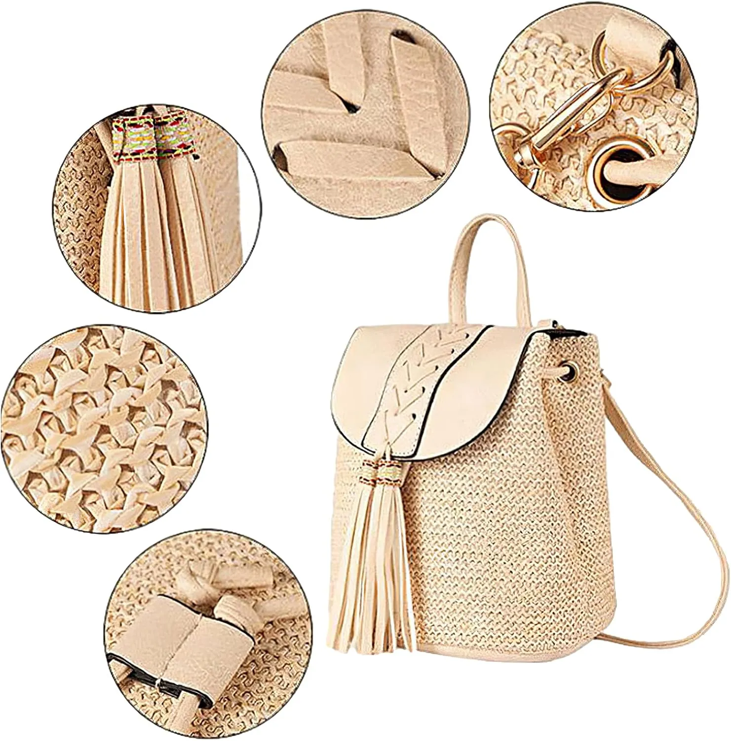 Small Straw Backpack for Women Summer Handmade Woven Beach Bag Bookbag Daypack Wicker Purse Bohomian Drawstring Shoulder Bag-B Fringed-Beige