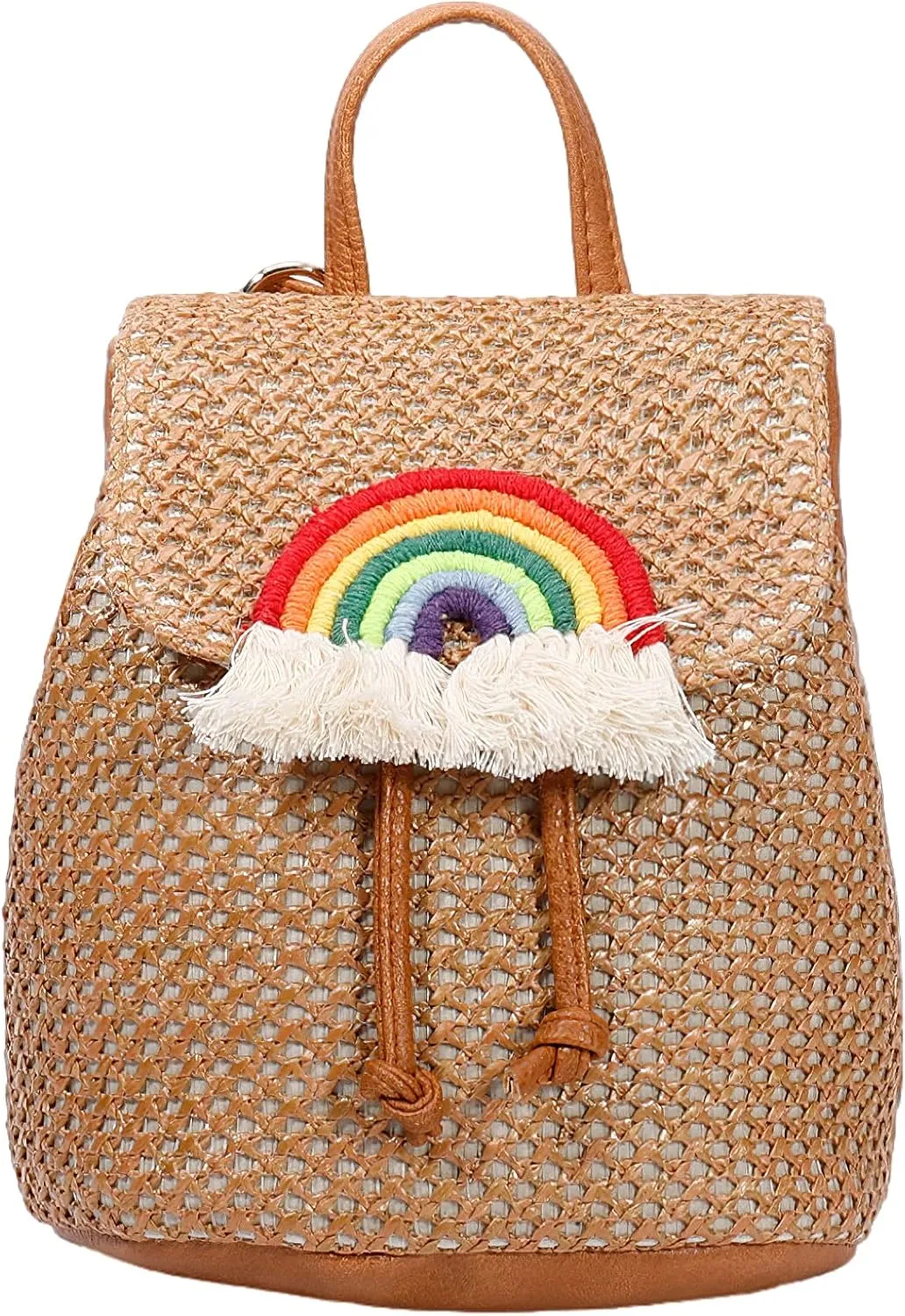 Small Straw Backpack for Women Summer Handmade Woven Beach Bag Bookbag Daypack Wicker Purse Bohomian Drawstring Shoulder Bag-J Rainbow-Brown