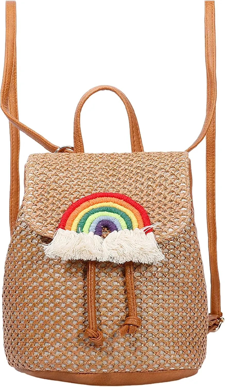 Small Straw Backpack for Women Summer Handmade Woven Beach Bag Bookbag Daypack Wicker Purse Bohomian Drawstring Shoulder Bag-J Rainbow-Brown