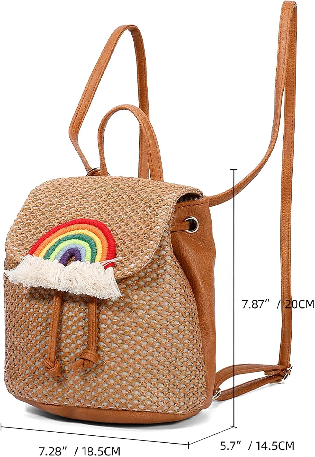 Small Straw Backpack for Women Summer Handmade Woven Beach Bag Bookbag Daypack Wicker Purse Bohomian Drawstring Shoulder Bag-J Rainbow-Brown