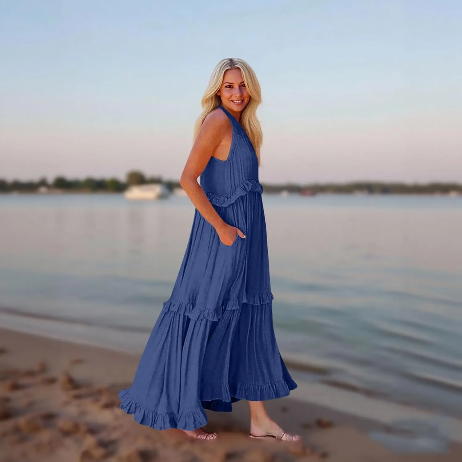 Smocked Dress Women Summer Sleeveless Tank Sundress Halter Tie Back Loose Flowy Ruffle Maxi Dresses with Pockets