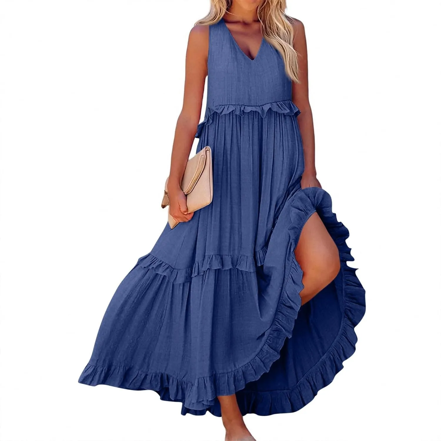 Smocked Dress Women Summer Sleeveless Tank Sundress Halter Tie Back Loose Flowy Ruffle Maxi Dresses with Pockets