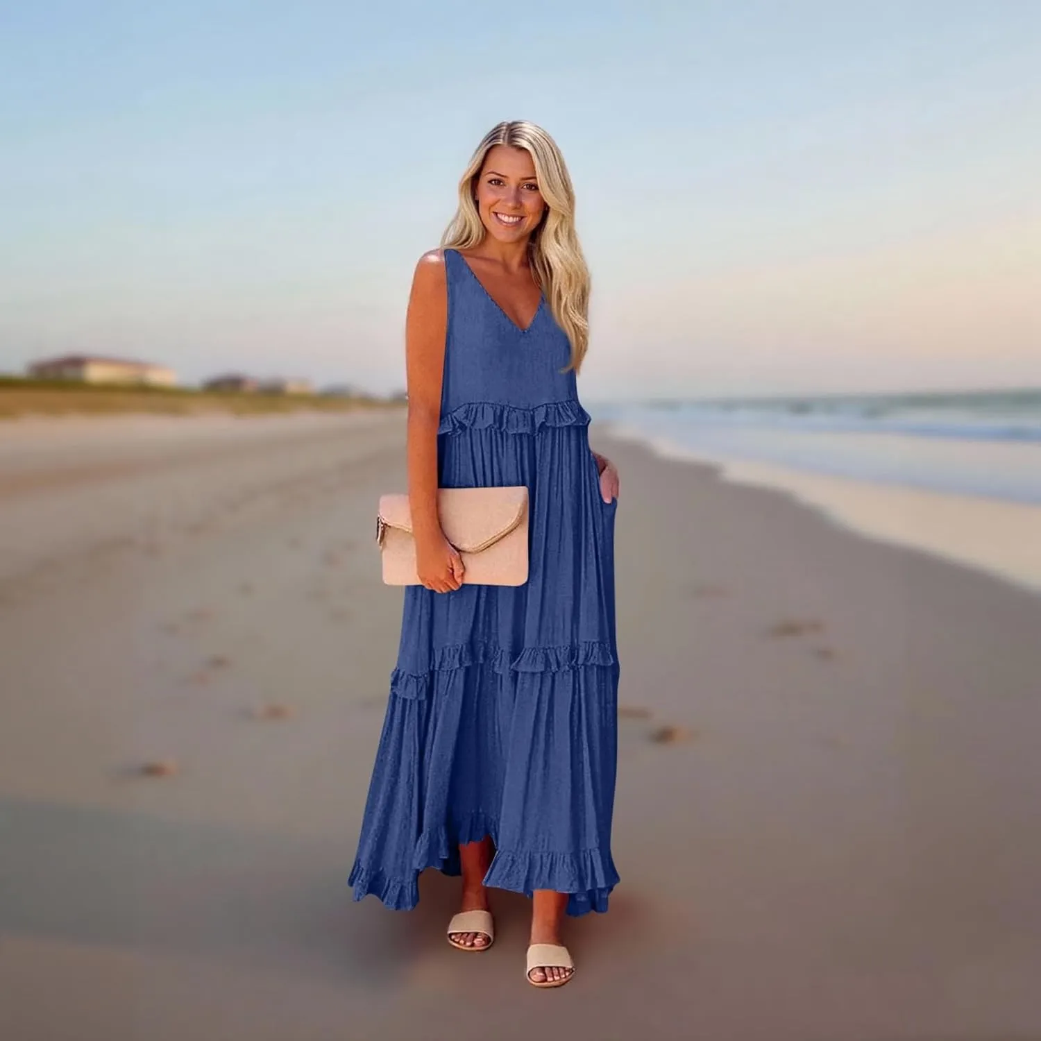 Smocked Dress Women Summer Sleeveless Tank Sundress Halter Tie Back Loose Flowy Ruffle Maxi Dresses with Pockets