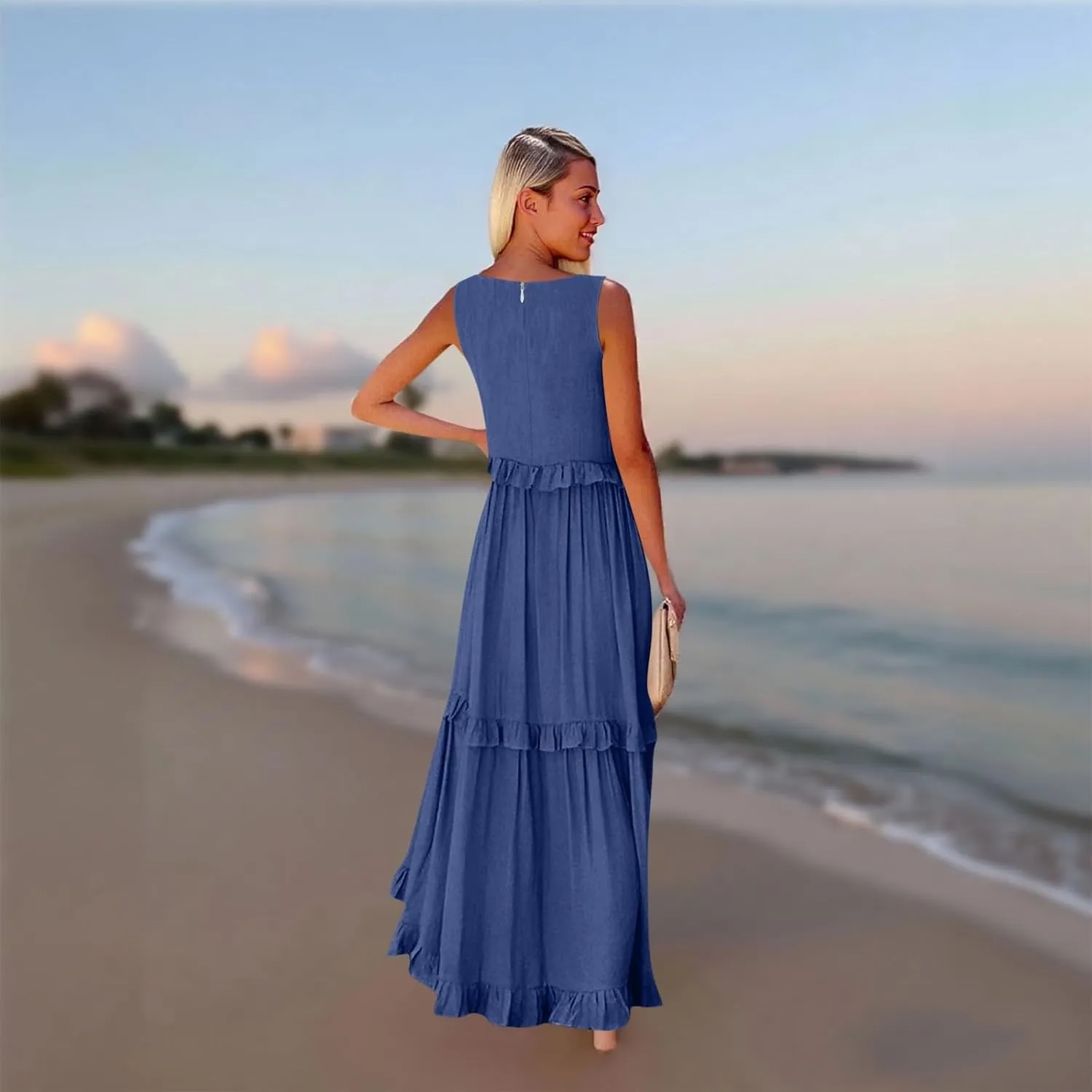 Smocked Dress Women Summer Sleeveless Tank Sundress Halter Tie Back Loose Flowy Ruffle Maxi Dresses with Pockets