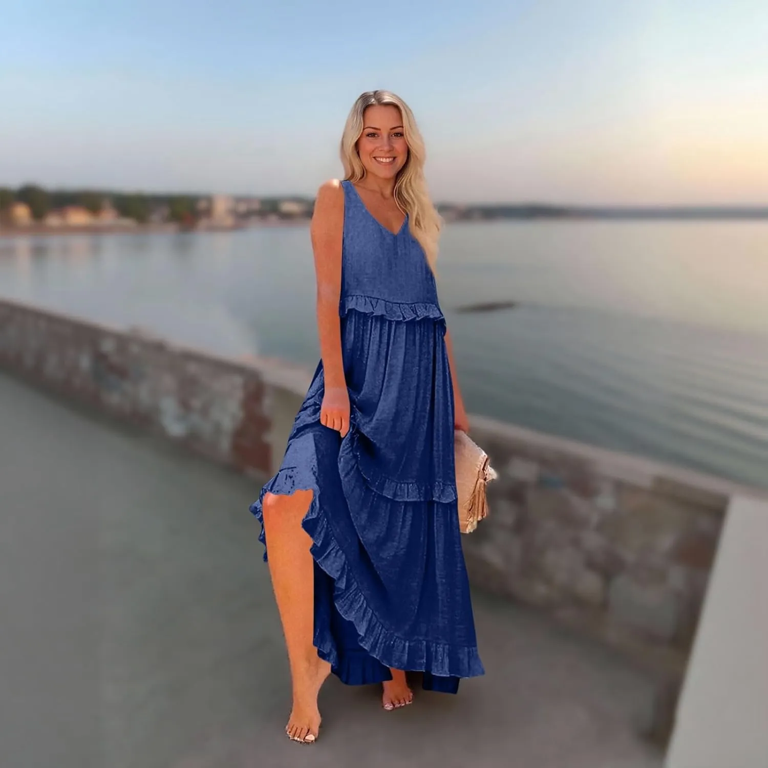Smocked Dress Women Summer Sleeveless Tank Sundress Halter Tie Back Loose Flowy Ruffle Maxi Dresses with Pockets