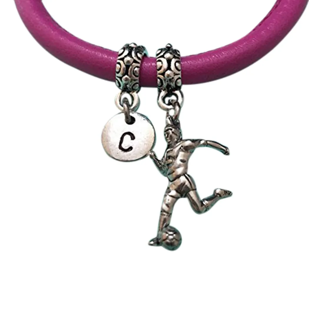 Soccer player leather bracelet, soccer player charm bracelet, leather bangle, charm bangle, personalized bracelet, initial, monogram