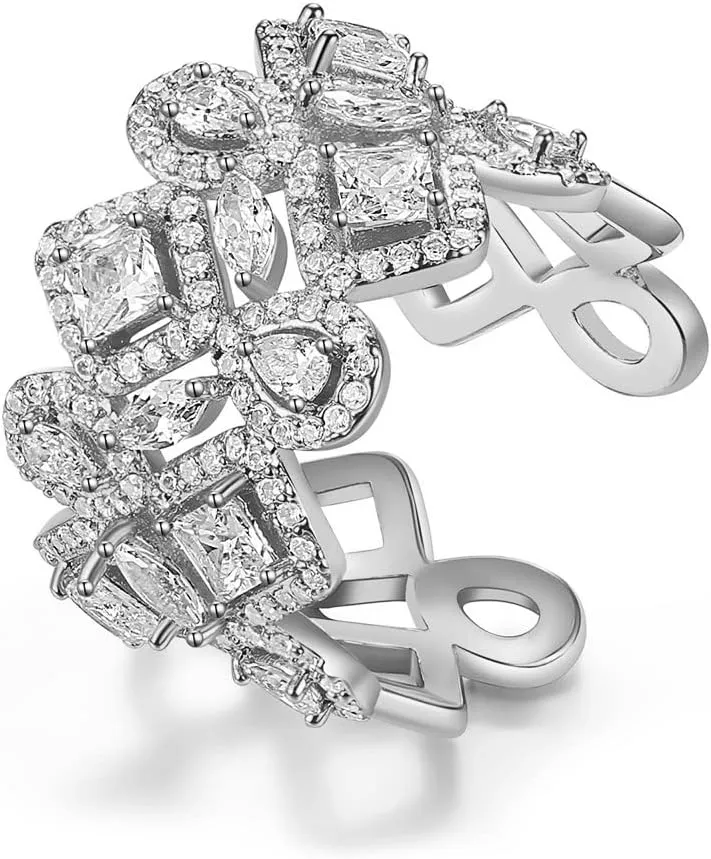 Statement Geometric Cubic Zirconia Crystal Eternity Band Rings Wedding Wide Bands for Women Engagement Party Cocktail Prom