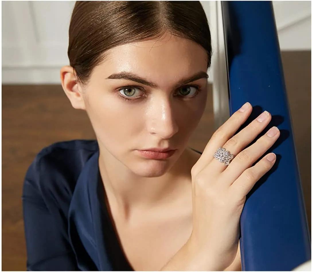 Statement Geometric Cubic Zirconia Crystal Eternity Band Rings Wedding Wide Bands for Women Engagement Party Cocktail Prom