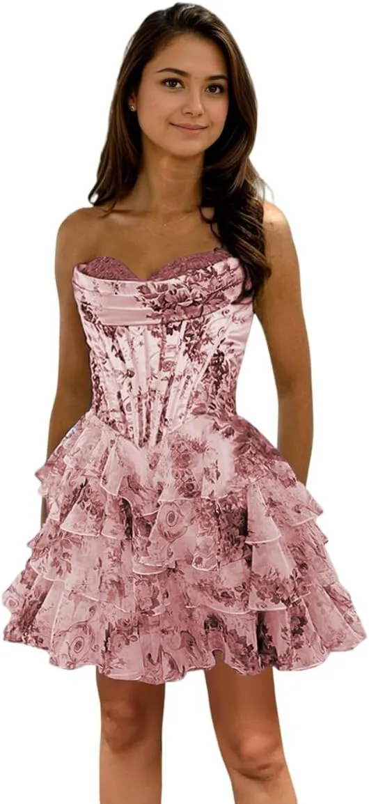 Strapless Printed Chiffon Homecoming Dress Tiered Ruffles Floral Short Prom Dress for Women ZD229