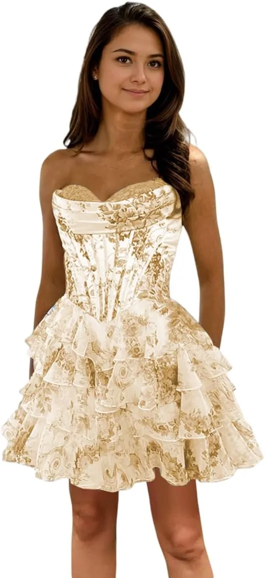 Strapless Printed Chiffon Homecoming Dress Tiered Ruffles Floral Short Prom Dress for Women ZD229