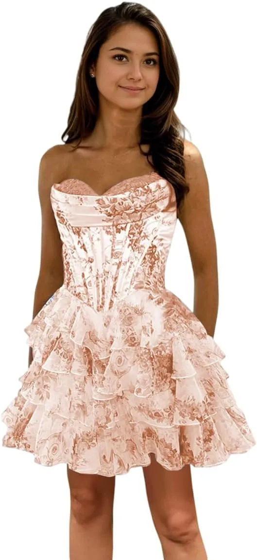 Strapless Printed Chiffon Homecoming Dress Tiered Ruffles Floral Short Prom Dress for Women ZD229