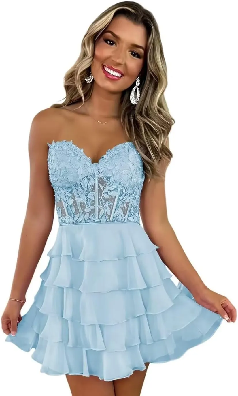 Strapless Tiered Lace Homecoming Dresses for Teens 2025 Sweetheart Chiffon Corset Prom Dress Short Cocktail Party Gown