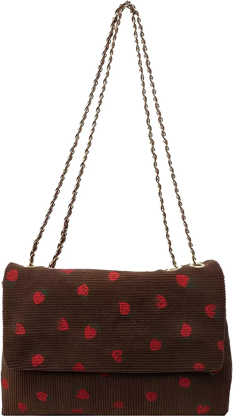 Strawberry Purse Corduroy Tote Bag for Women Cute Aesthetic Crossbody Bag Fashion Chain Shoulder Handbag Canvas Wallet
