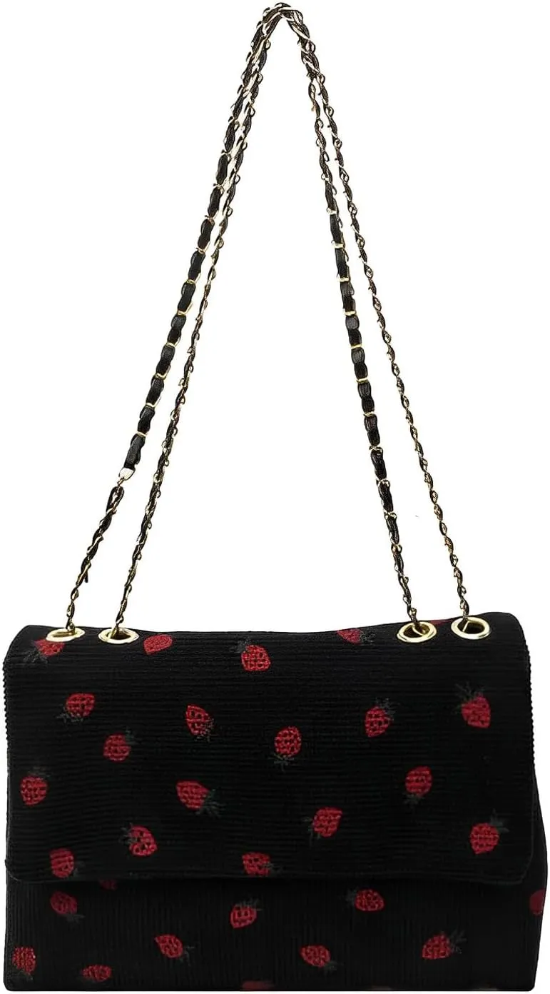 Strawberry Purse Corduroy Tote Bag for Women Cute Aesthetic Crossbody Bag Fashion Chain Shoulder Handbag Canvas Wallet