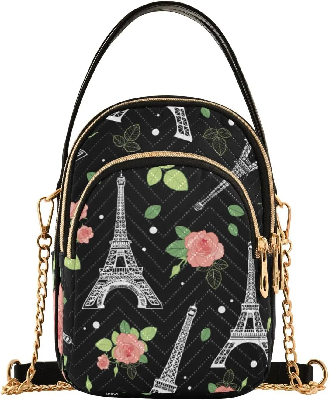 SUABO Chain Crossbody Bags for Women, Eiffel Tower Flowers Quilted Shoulder Crossbody Handbags Travel Cross Body Cell Phone Purses Bags