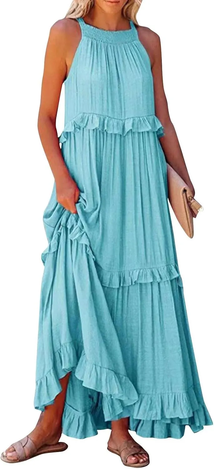 Summer Beach Dresses for Women 2024 Halter Tie Back Long Dress Tiered Smocked Ruffle Maxi Frocks Sleeveless Sundress