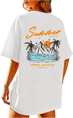 Summer Beach Shirts for Women Hawaiian Print Oversized Coconut Tree Graphic Tee Vacation Vintage Short Sleeve Top