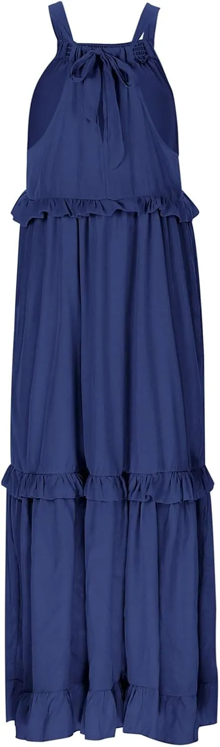 Summer Dresses for Women 2024 Halter Tie Back Loose Flowy Ruffle Tiered Maxi Dress Beach Swing Long Dress Sundress