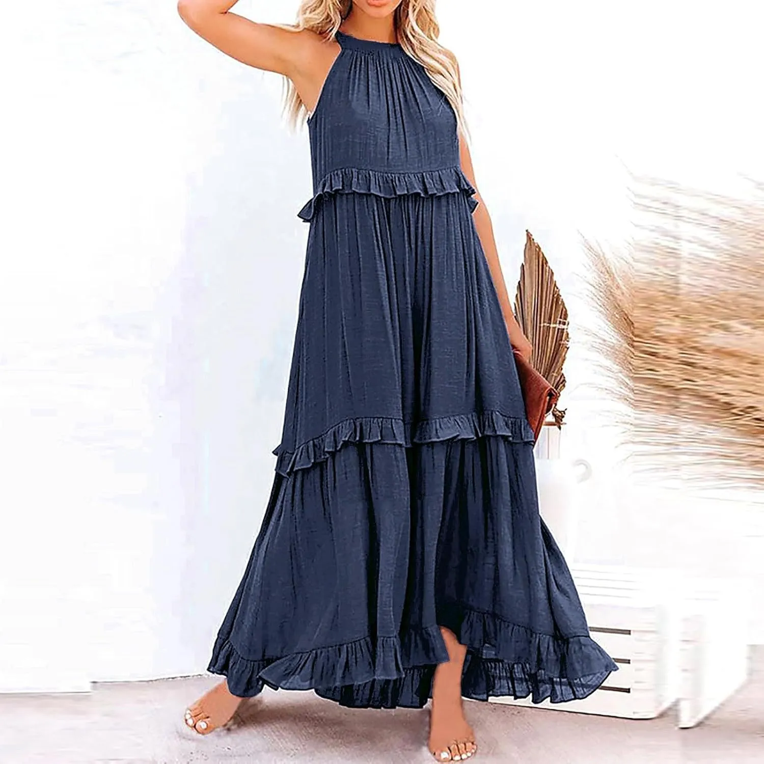 Summer Dresses for Women 2024 Halter Tie Back Loose Flowy Ruffle Tiered Maxi Dress Beach Swing Long Dress Sundress