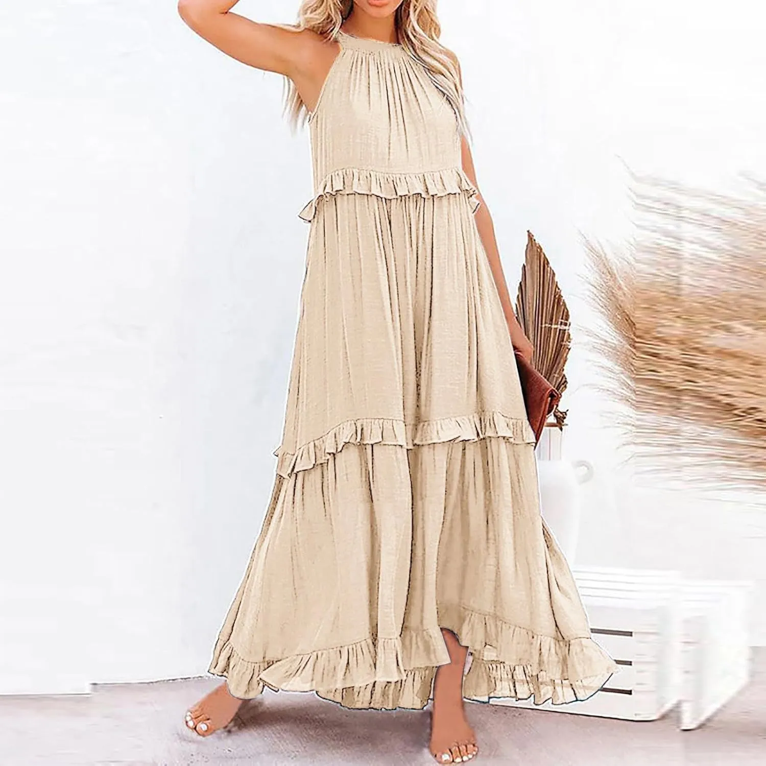 Summer Dresses for Women 2024 Halter Tie Back Loose Flowy Ruffle Tiered Maxi Dress Beach Swing Long Dress Sundress