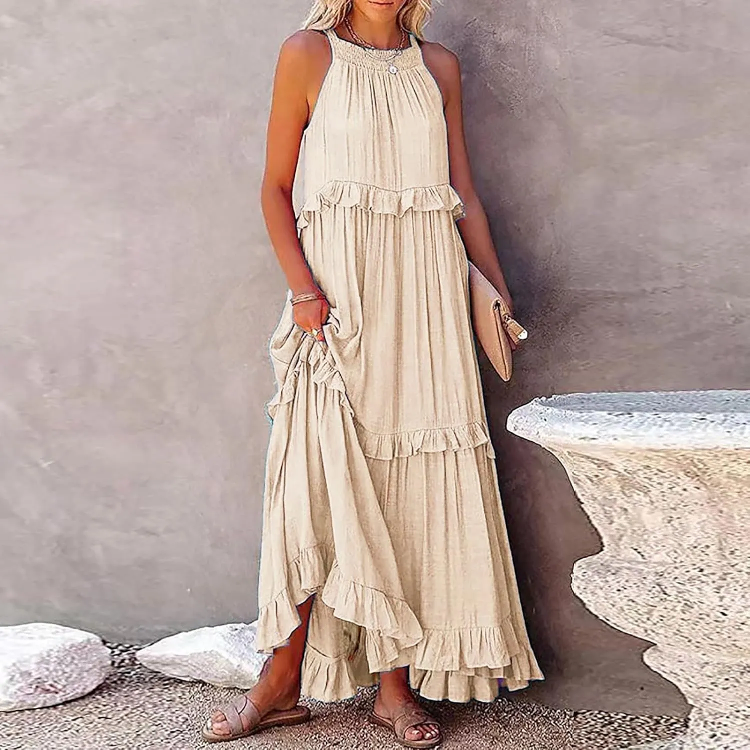 Summer Dresses for Women 2024 Halter Tie Back Loose Flowy Ruffle Tiered Maxi Dress Beach Swing Long Dress Sundress