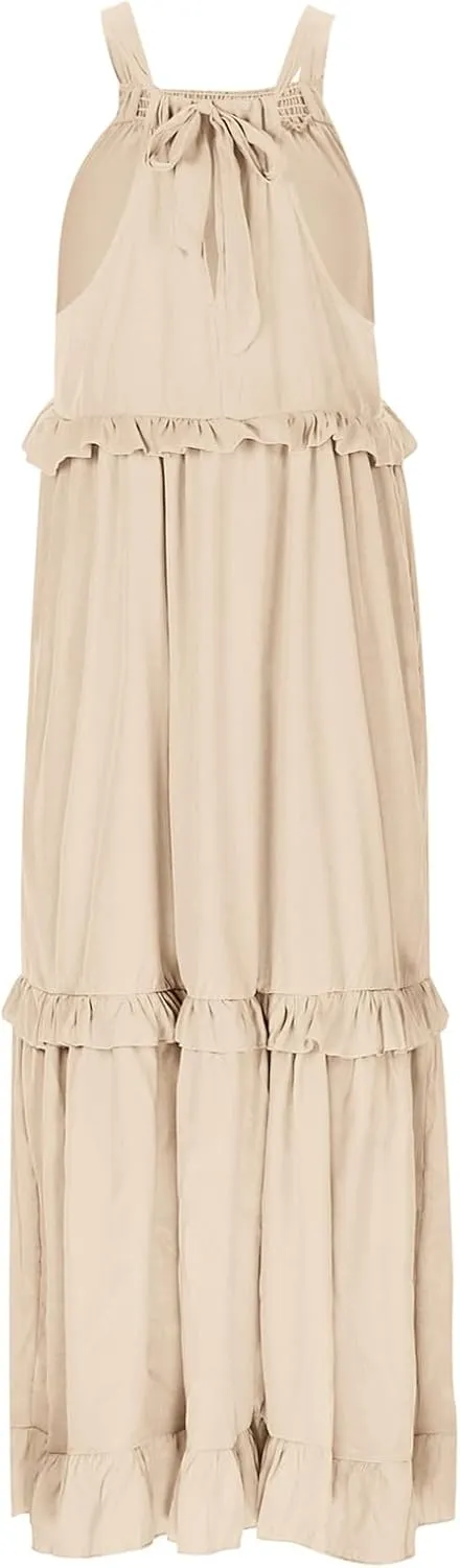 Summer Dresses for Women 2024 Halter Tie Back Loose Flowy Ruffle Tiered Maxi Dress Beach Swing Long Dress Sundress
