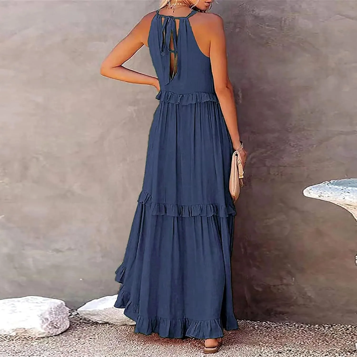 Summer Dresses for Women 2024 Halter Tie Back Loose Flowy Ruffle Tiered Maxi Dress Beach Swing Long Dress Sundress