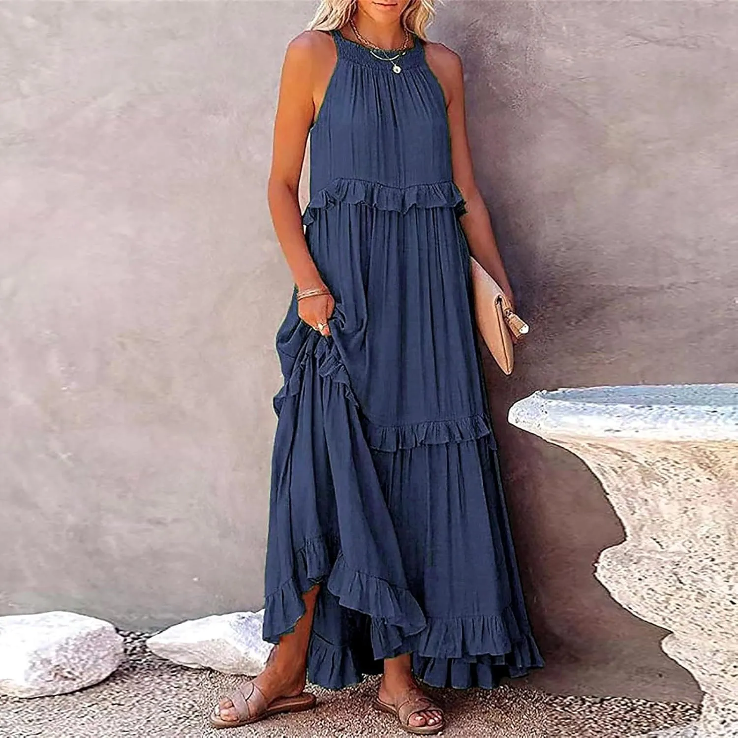 Summer Dresses for Women 2024 Halter Tie Back Loose Flowy Ruffle Tiered Maxi Dress Beach Swing Long Dress Sundress