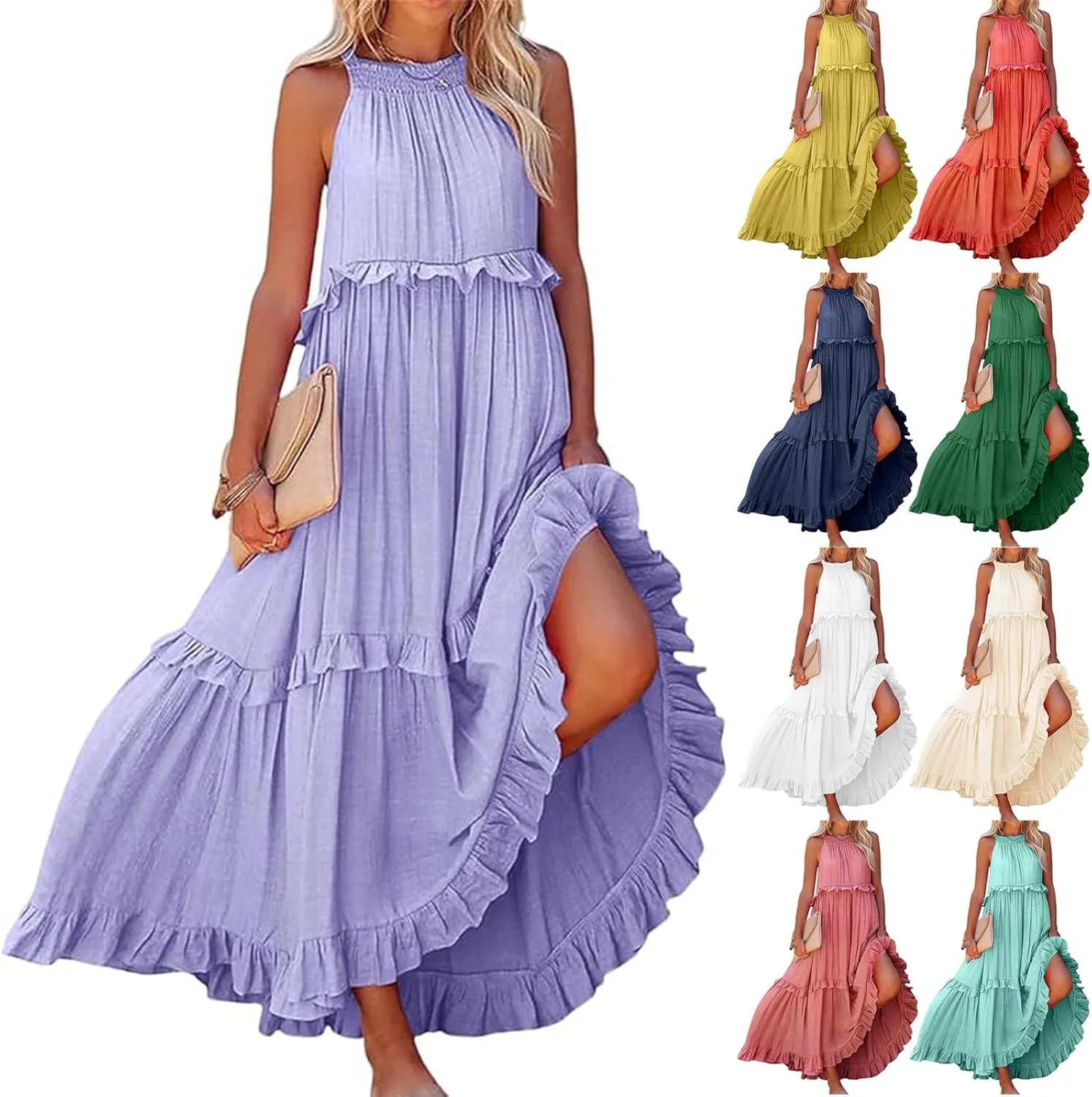 Summer Dresses for Women 2024 Halter Tie Back Loose Flowy Ruffle Tiered Maxi Dress Beach Swing Long Dress Sundress