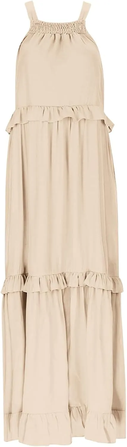 Summer Dresses for Women 2024 Halter Tie Back Loose Flowy Ruffle Tiered Maxi Dress Beach Swing Long Dress Sundress