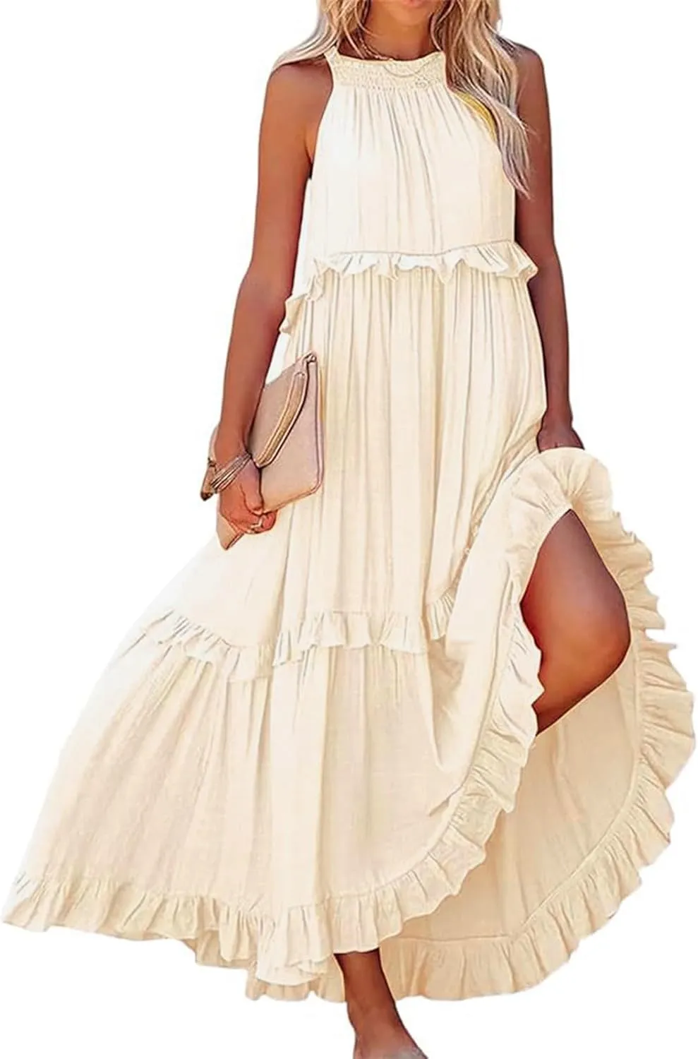 Summer Dresses for Women 2024 Halter Tie Back Loose Flowy Ruffle Tiered Maxi Dress Beach Swing Long Dress Sundress