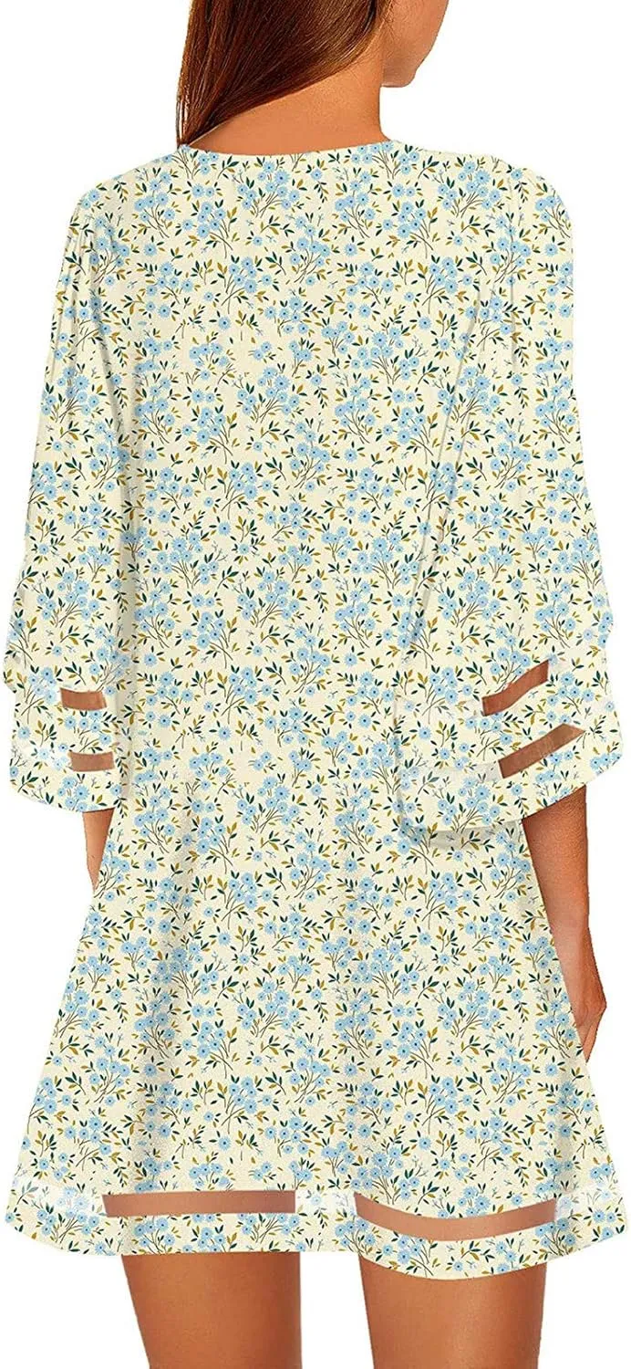 Summer Dresses for Women 3/4 Hollow Sleeve Mini Dress Net Yarn Flared Sleeve Long Tops Casual Midi Dress