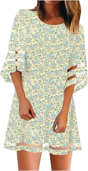 Summer Dresses for Women 3/4 Hollow Sleeve Mini Dress Net Yarn Flared Sleeve Long Tops Casual Midi Dress