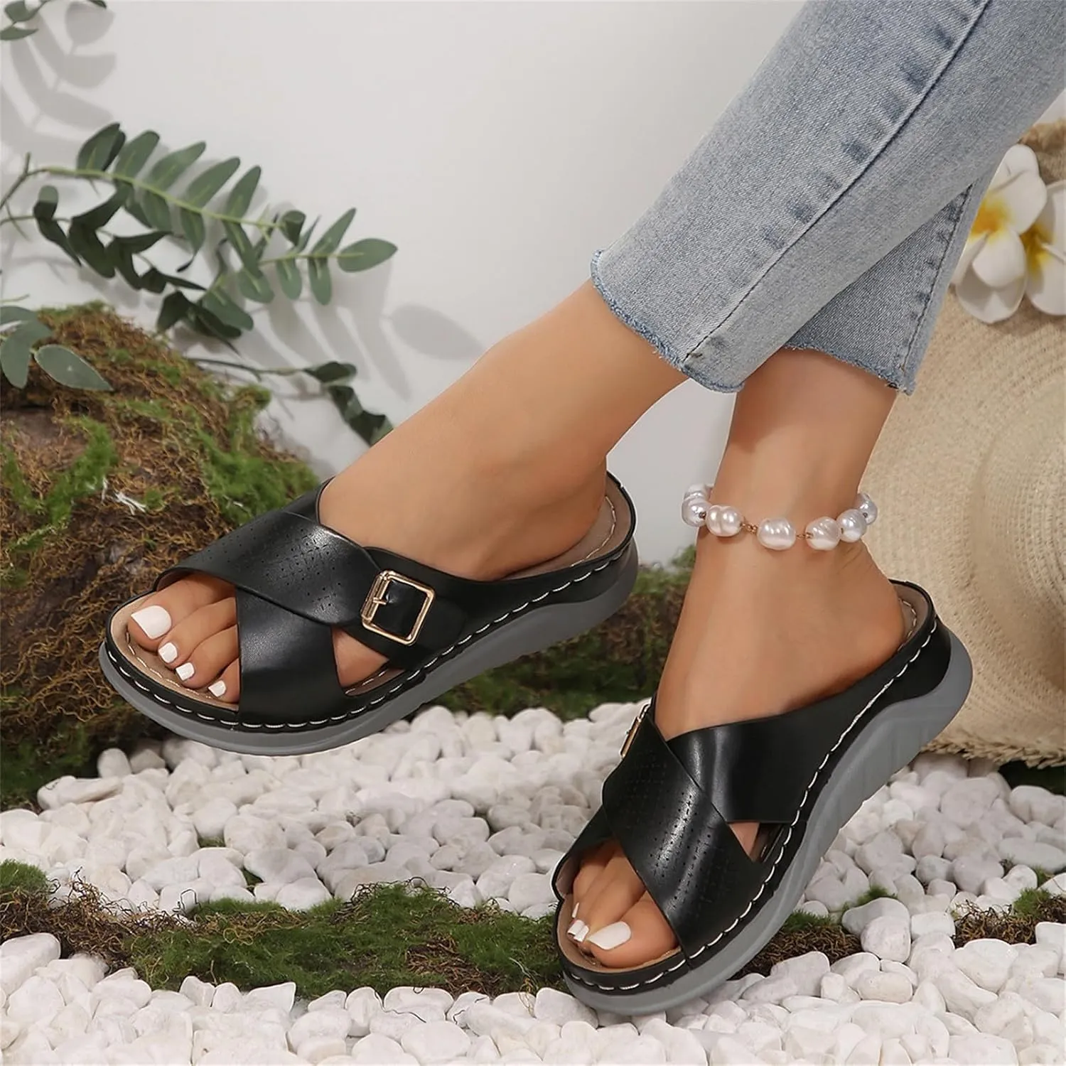 Summer Sandals for Women 2025 Wide Width Orthopedic Sandal Arch Support Walking Beach Boho Platform Slides