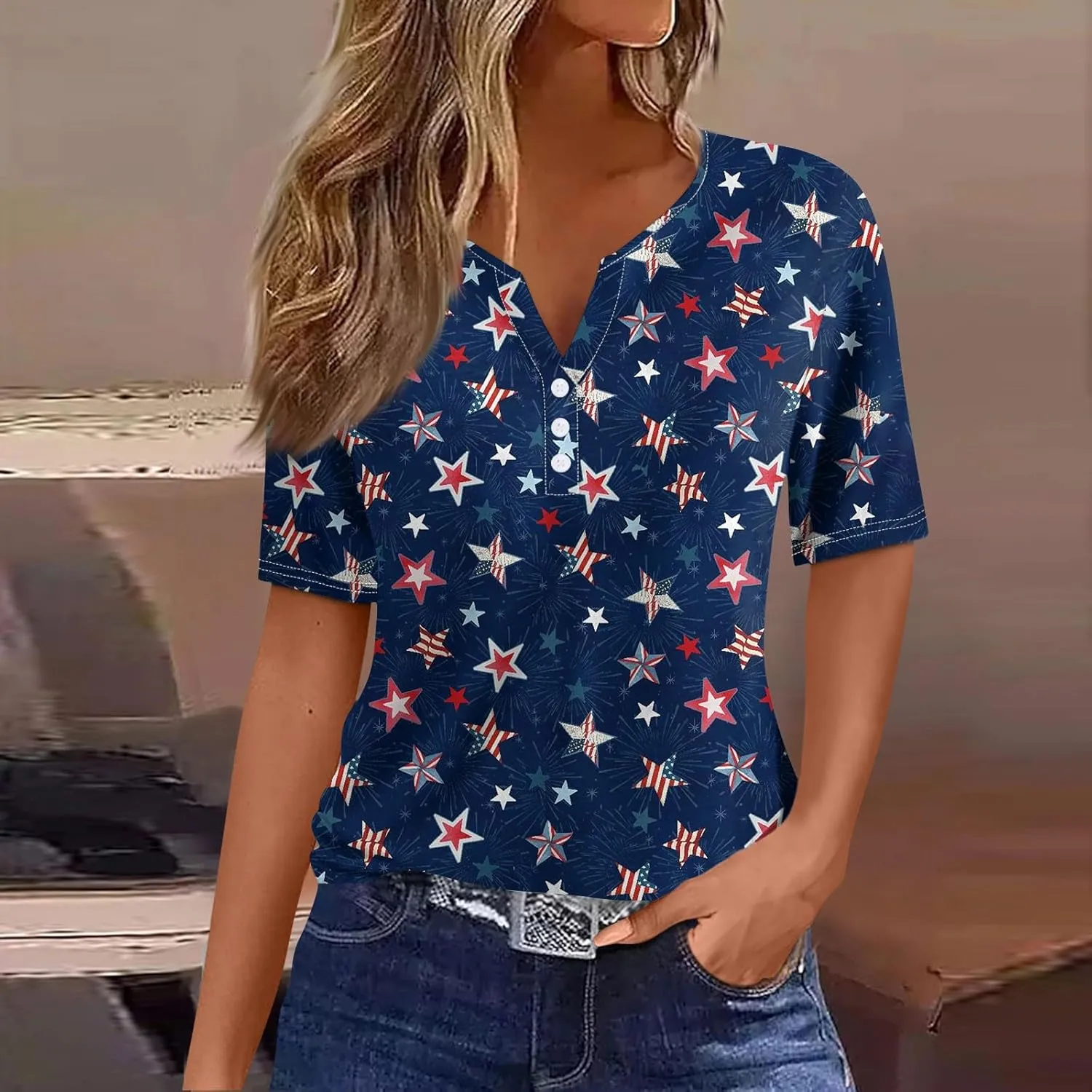 Summer Tops for Women 2024 4th of July Short Sleeve Henley Shirts for Women Button Down Casual American Flag Tops