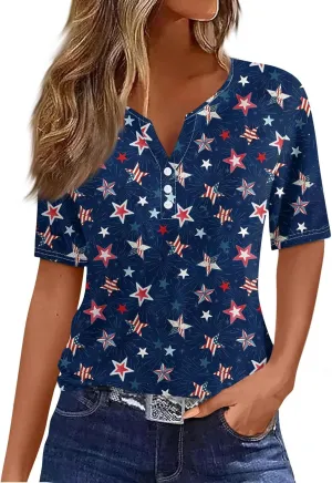 Summer Tops for Women 2024 4th of July Short Sleeve Henley Shirts for Women Button Down Casual American Flag Tops