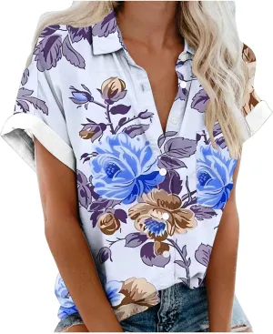 Summer Tops for Women 2024 Vacation Beach Vacation Short Sleeve Floral Print Shirts Casual Loose Bohemian Blouses