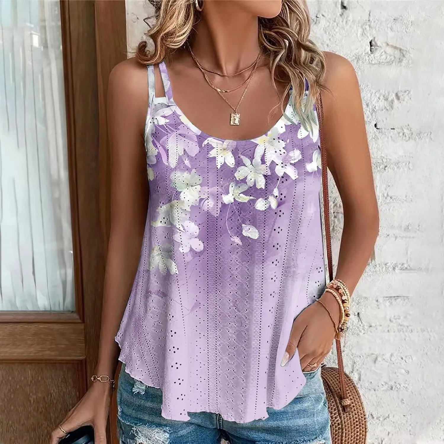 Summer Tops for Women 2025 Eyelet Embroidery Tank Tops Sleeveless Spaghetti Strap Scoop Neck Beach Vacation Clothes