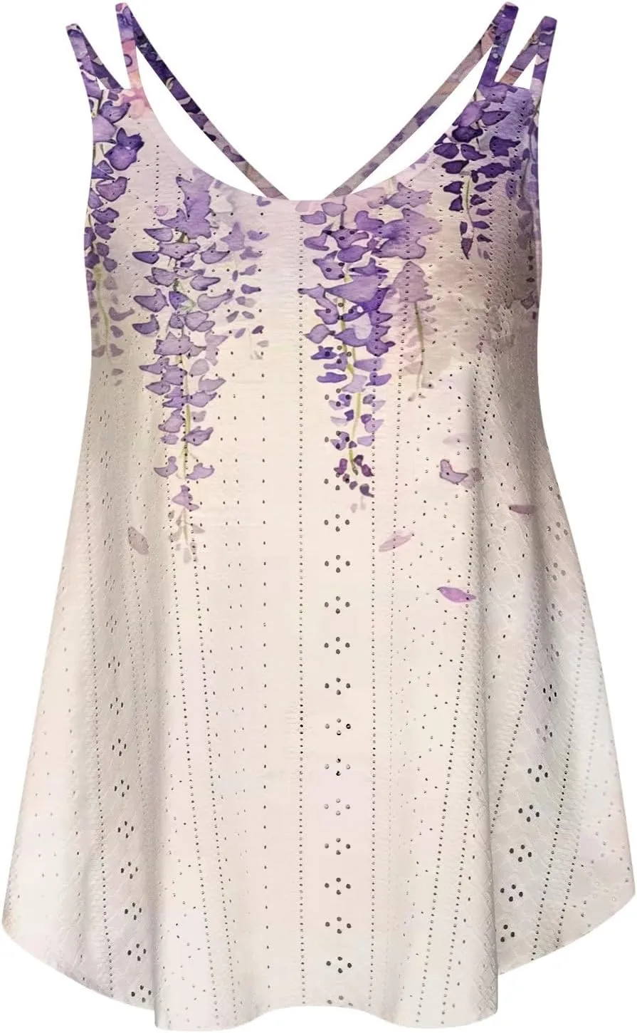 Summer Tops for Women 2025 Eyelet Embroidery Tank Tops Sleeveless Spaghetti Strap Scoop Neck Beach Vacation Clothes