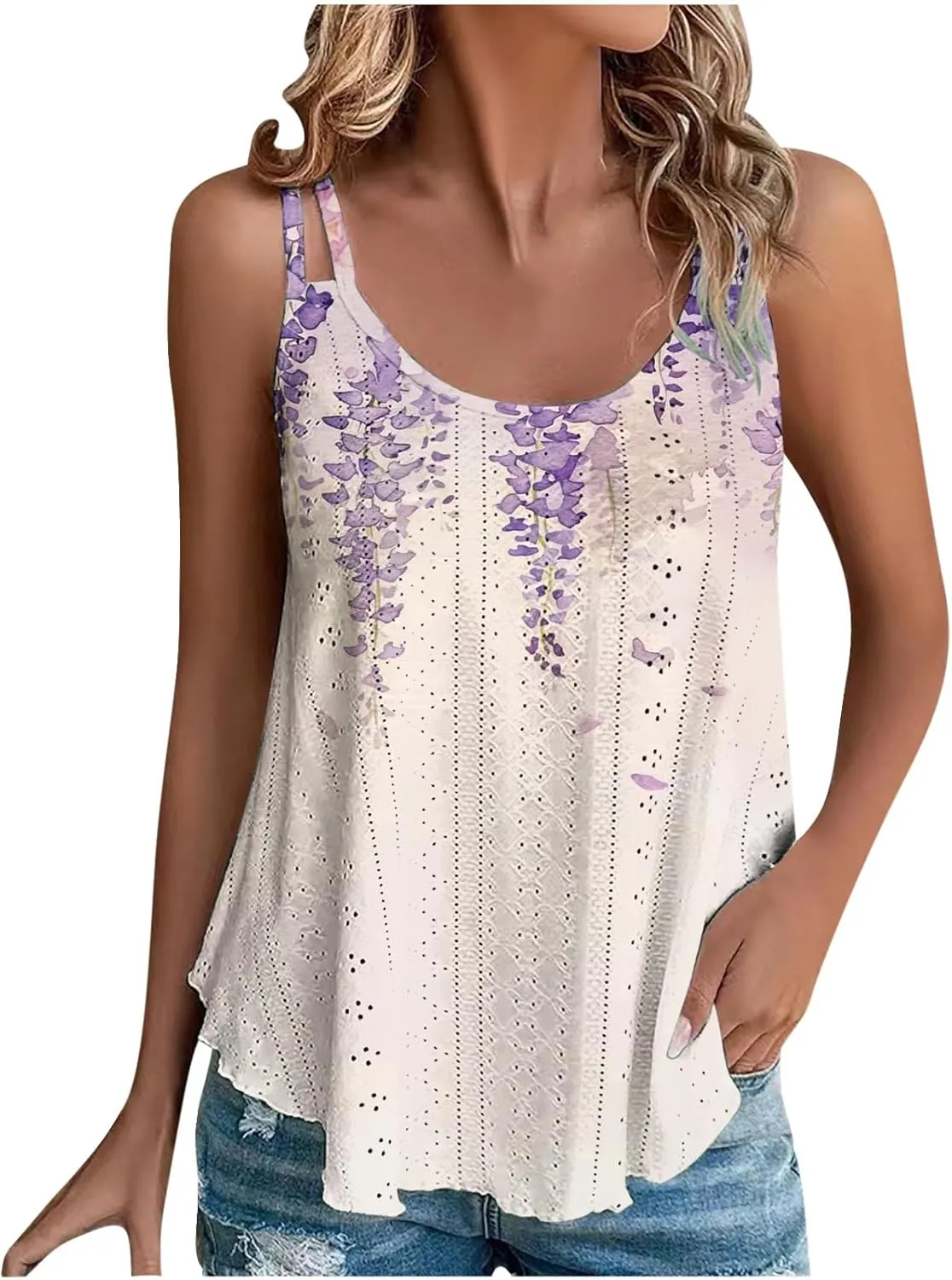Summer Tops for Women 2025 Eyelet Embroidery Tank Tops Sleeveless Spaghetti Strap Scoop Neck Beach Vacation Clothes