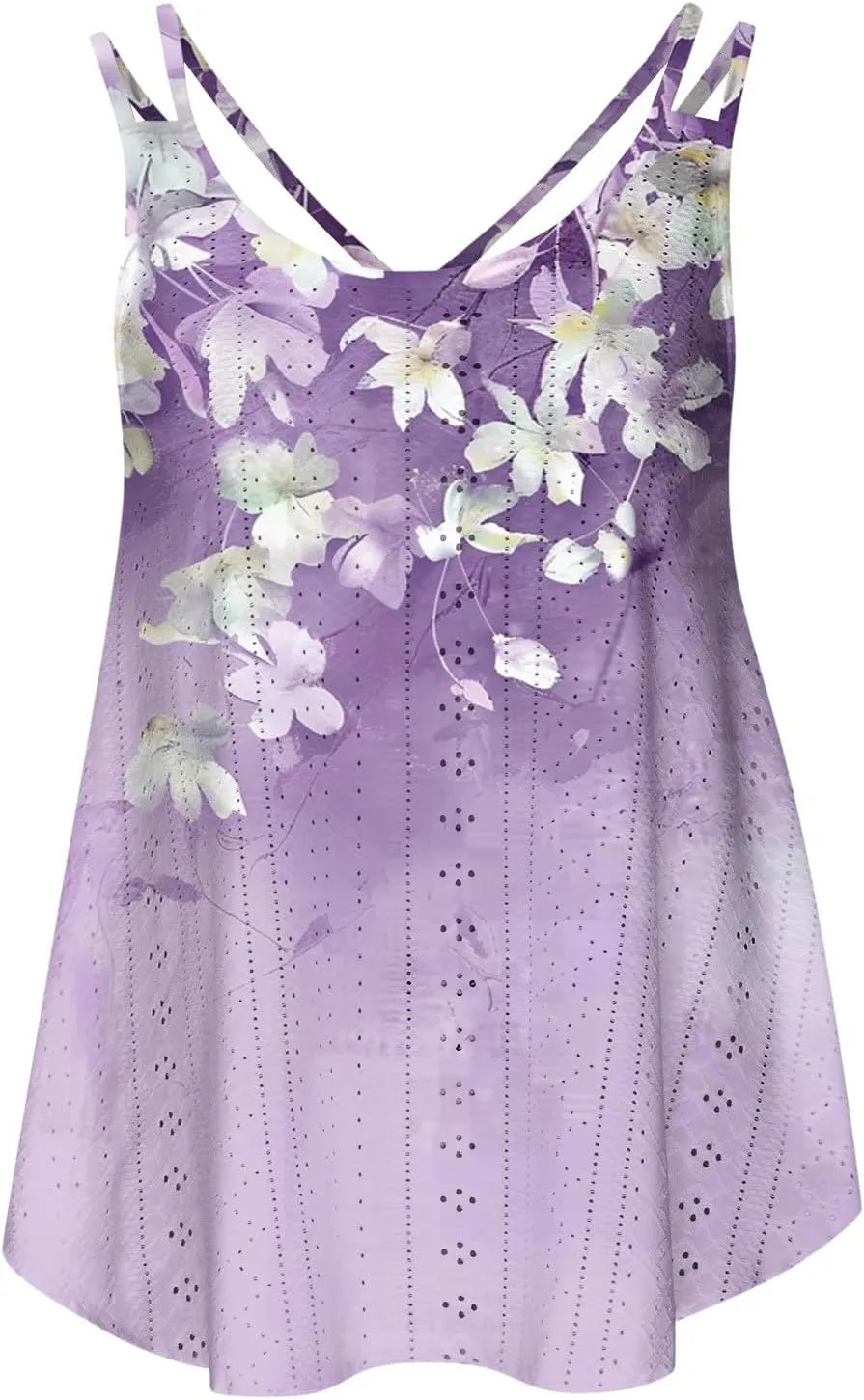 Summer Tops for Women 2025 Eyelet Embroidery Tank Tops Sleeveless Spaghetti Strap Scoop Neck Beach Vacation Clothes