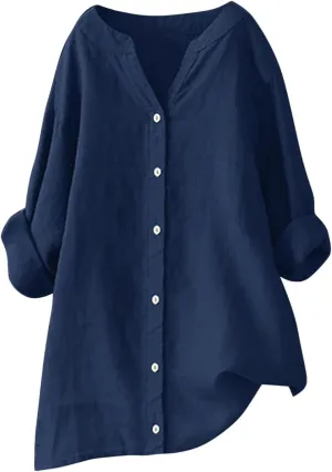 Summer Tops for Women 2025 Trendy Long Sleeve Cotton Linen Shirt Casual Button Down V Neck Tunic Gauze Blouses