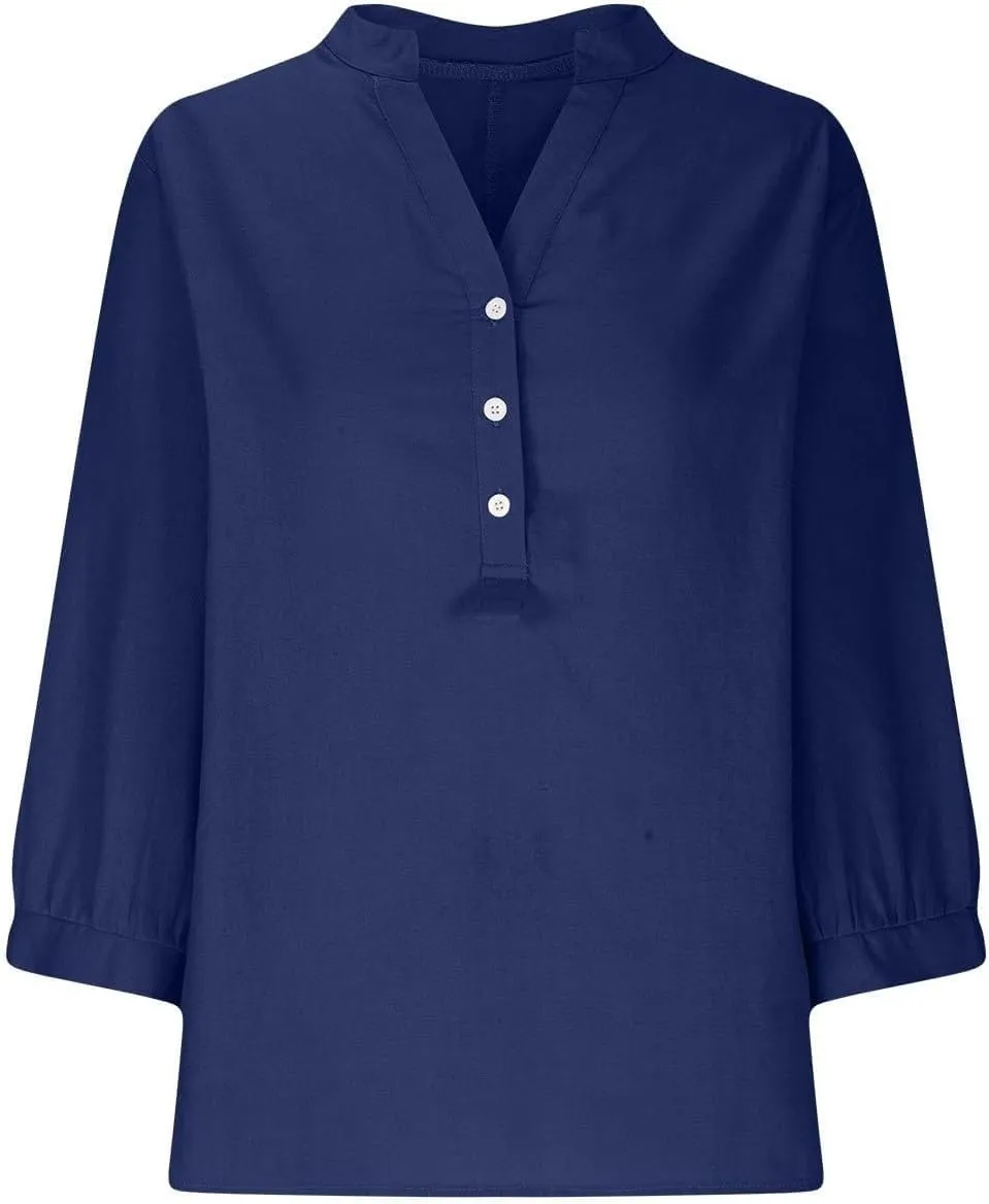 Summer Tops for Women 2025 Trendy V Neck Gauze Plus Size Button Down Shirts Womens 3/4 Sleeve Tops and Blouses