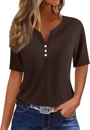 Summer Tops for Women 2025 Trendy Vacation Short Sleeve Button Vneck T Shirt Loose Fitted Boho Graphic Tees Fashion