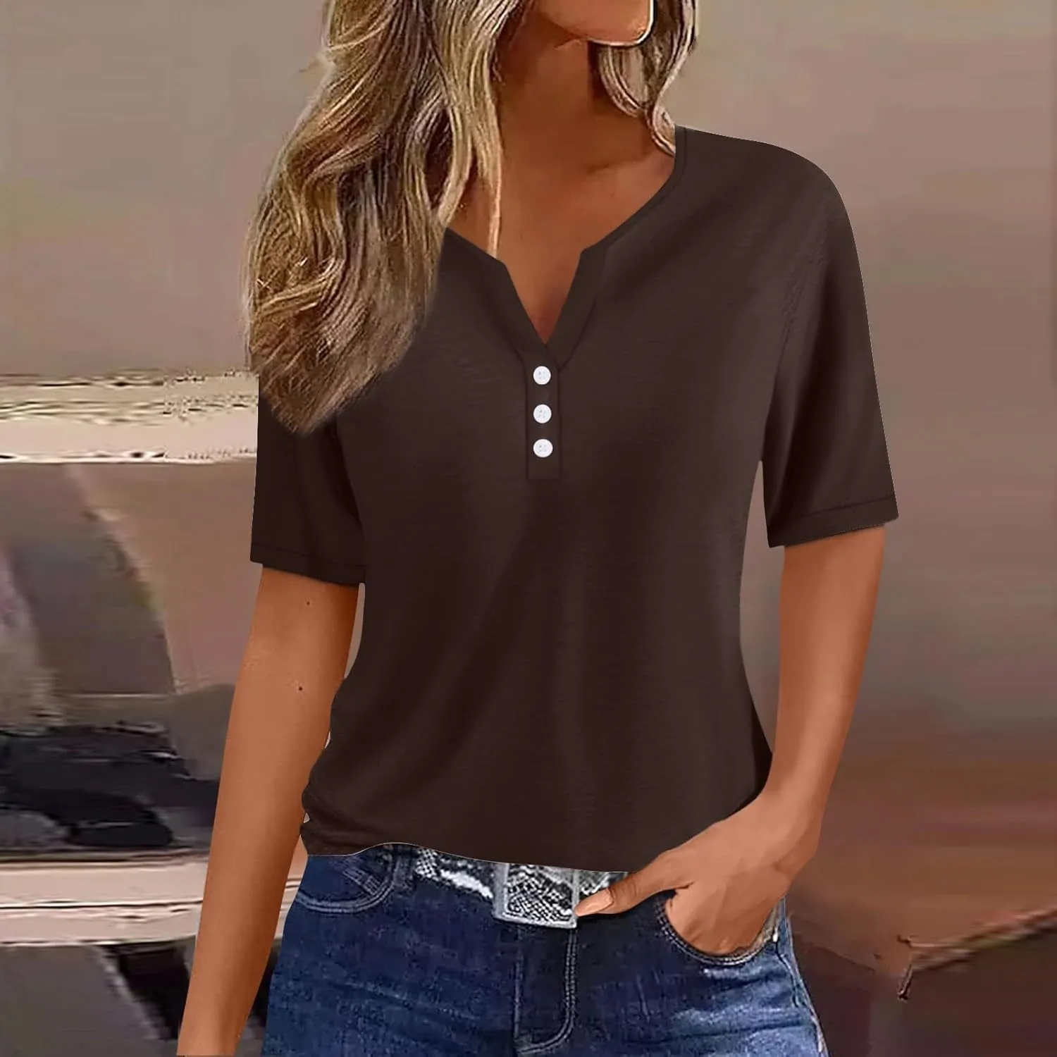 Summer Tops for Women 2025 Trendy Vacation Short Sleeve Button Vneck T Shirt Loose Fitted Boho Graphic Tees Fashion