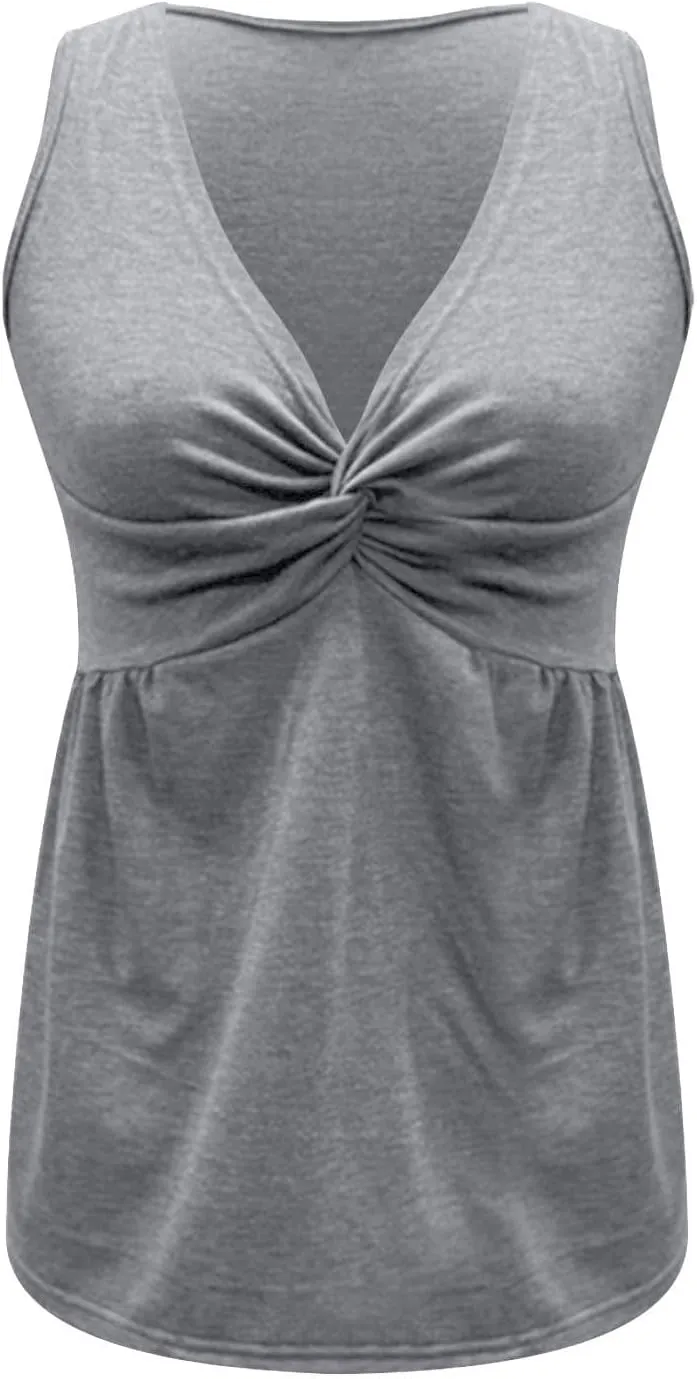 Summer Tops for Women Sleeveless Twist Front V Neck Shirts Casual Flowy Elegant Peplum Tank Tops