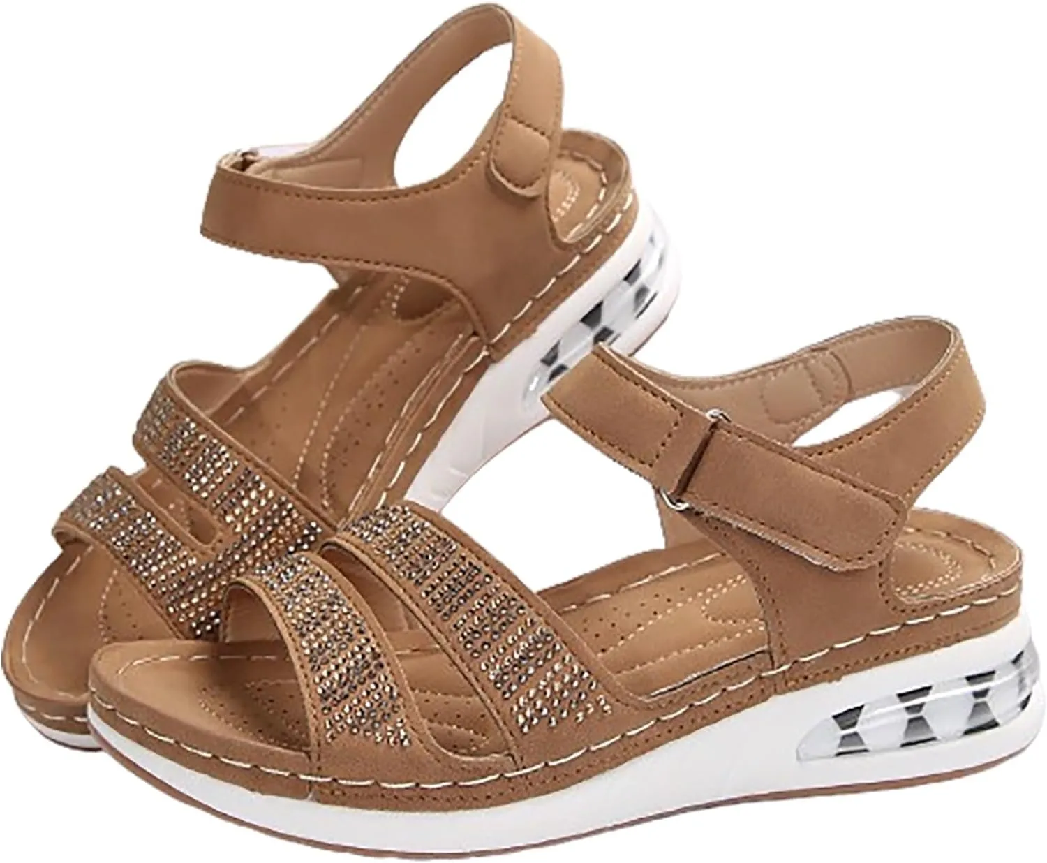 Summer Wedge Sandals for Women Dressy Casual Orthopedic Non Slip Sandals Fashion Rhinestone Bling Comfortable Walking Sandal for Summer and Daily Wear