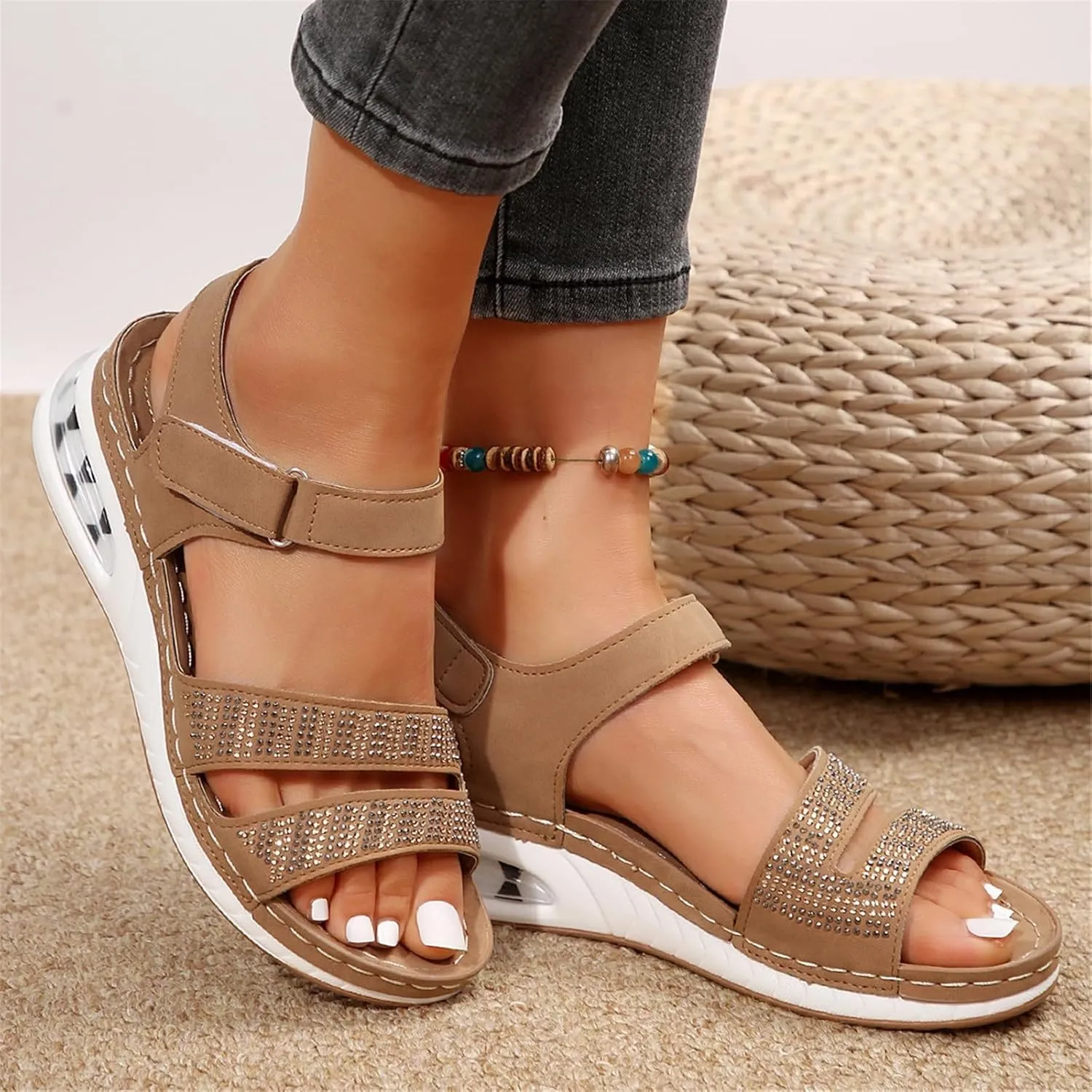 Summer Wedge Sandals for Women Dressy Casual Orthopedic Non Slip Sandals Fashion Rhinestone Bling Comfortable Walking Sandal for Summer and Daily Wear