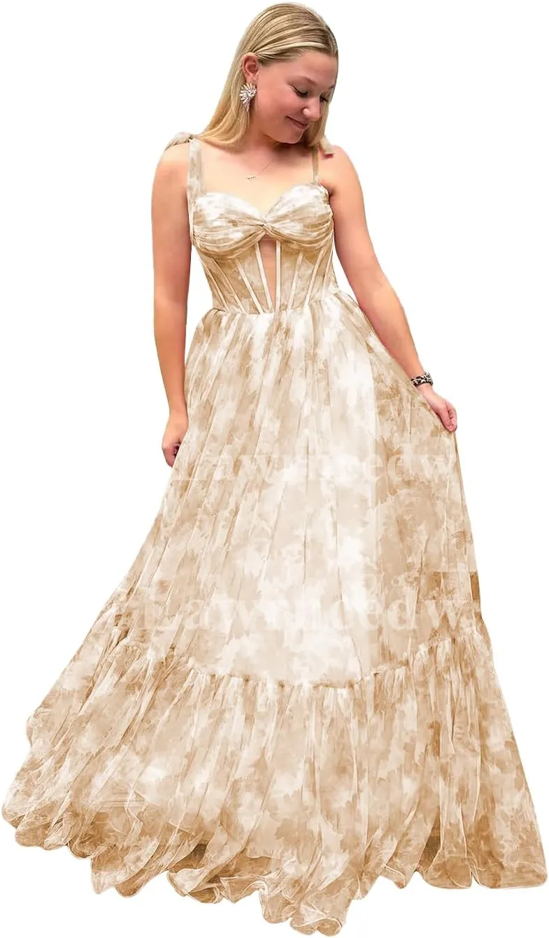 Sweetheart Chiffon Formal Prom Gown Bow Tie Straps Long Evening Gown Floral Print A-Line Princess Party Dress